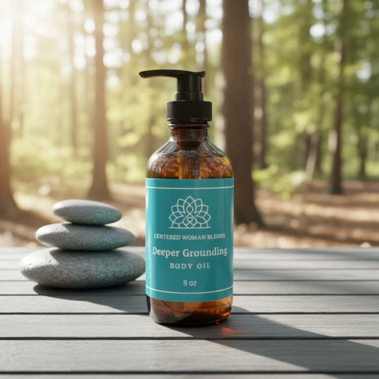 Deeper Grounding Body Oil on table with morning sun forest in background.