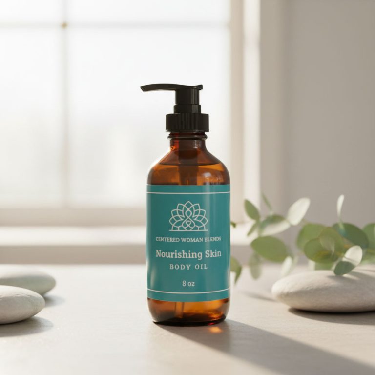 Soft spa-inspired background with warm natural light, subtle stone textures, eucalyptus leaves softly blurred, clean high-end wellness aesthetic, gentle shadows, modern and calming.